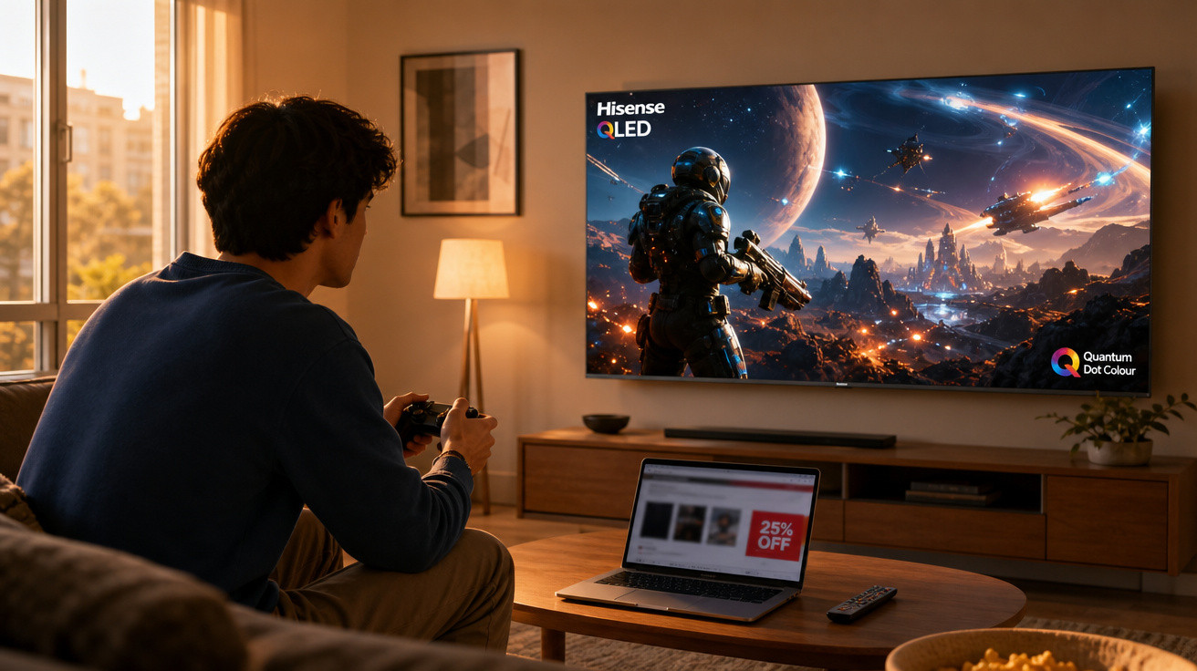 Homem jogando videogame em TV Hisense QLED em sala com laptop e luz natural ao fundo.