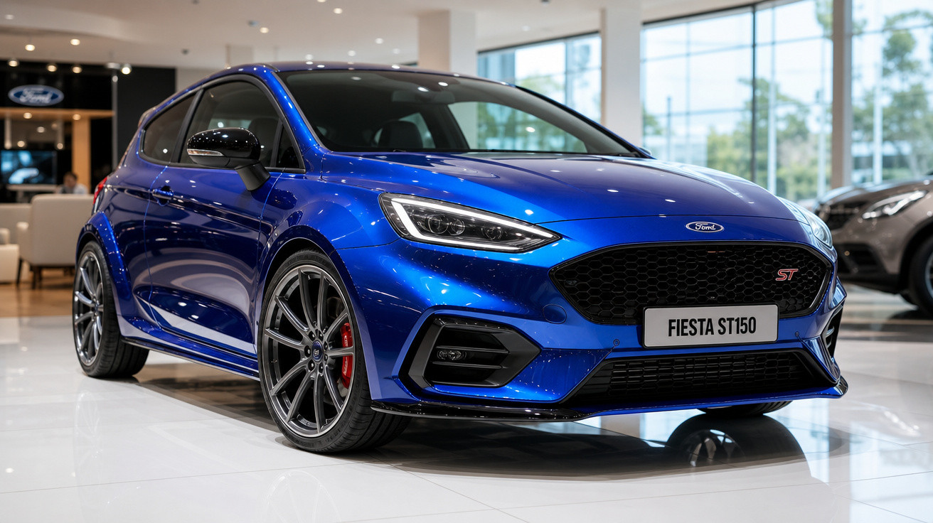 Carro Ford Fiesta ST150 azul exposto em showroom com teto baixo e rodas esportivas.