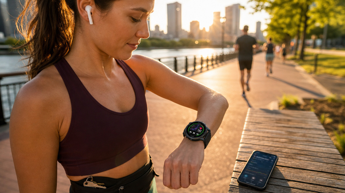 Mulher com fones de ouvido olhando para relógio inteligente durante corrida ao pôr do sol em parque urbano.