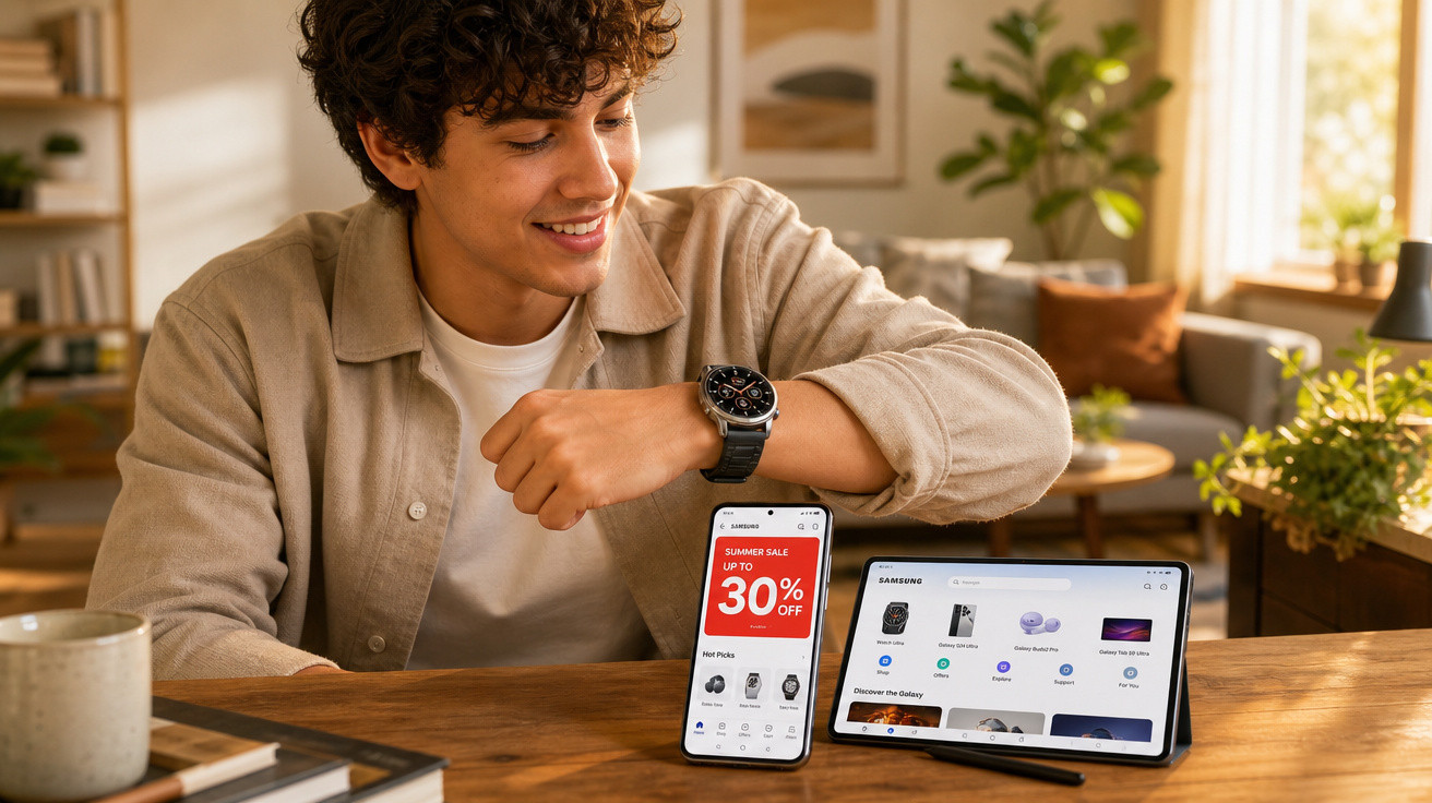 Jovem sorridente consulta smartwatch no pulso enquanto olha para smartphone e tablet em mesa de madeira.