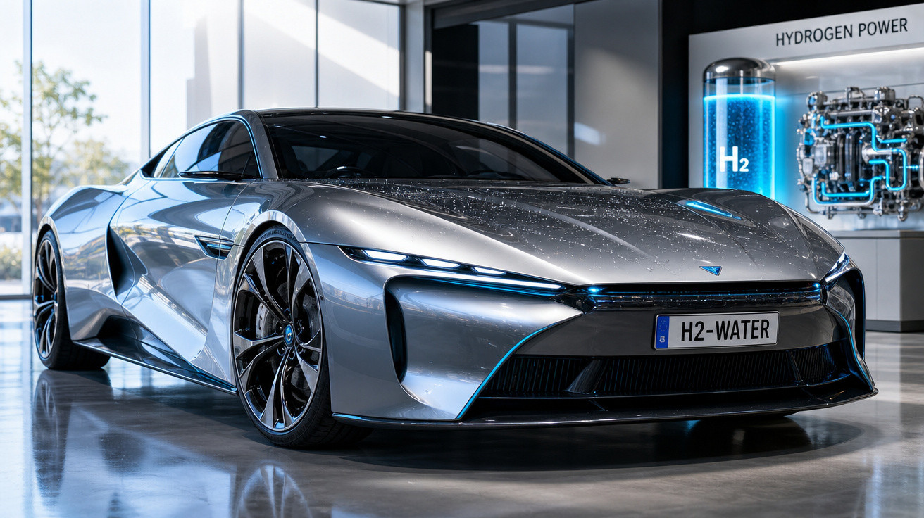 Carro esportivo prateado movido a energia de hidrogênio, exibido em ambiente interno moderno.