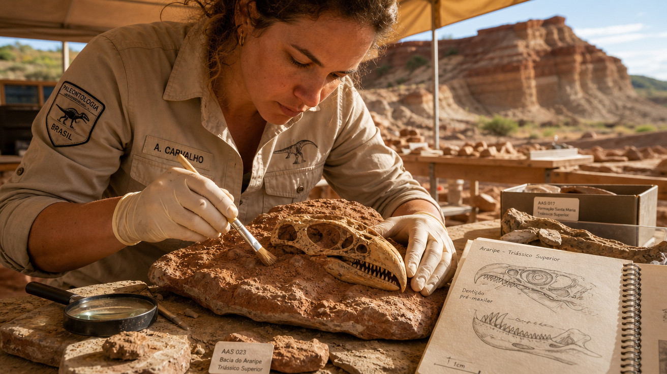 Mulher paleontóloga limpando fóssil de crânio de dinossauro com pincel em sítio arqueológico.