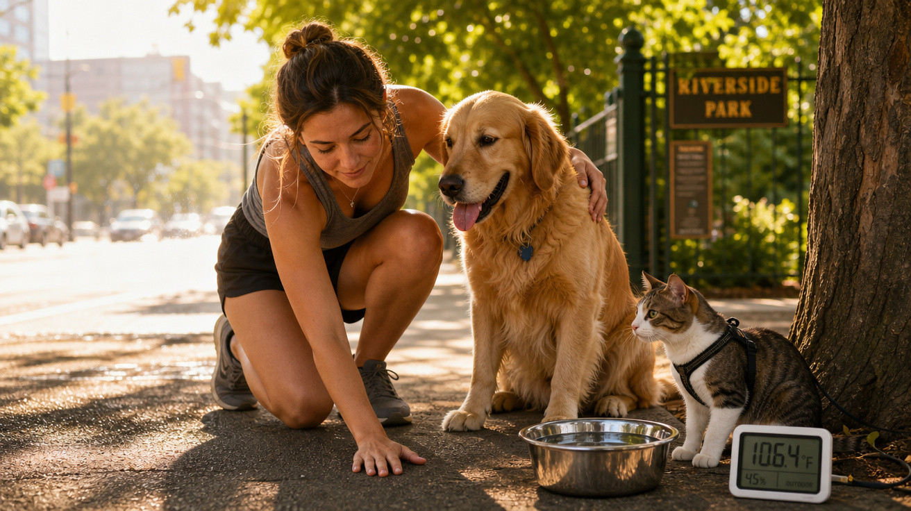 Mulher agachada acariciando cachorro golden retriever com gato ao lado e termômetro marcando 41°C no parque.