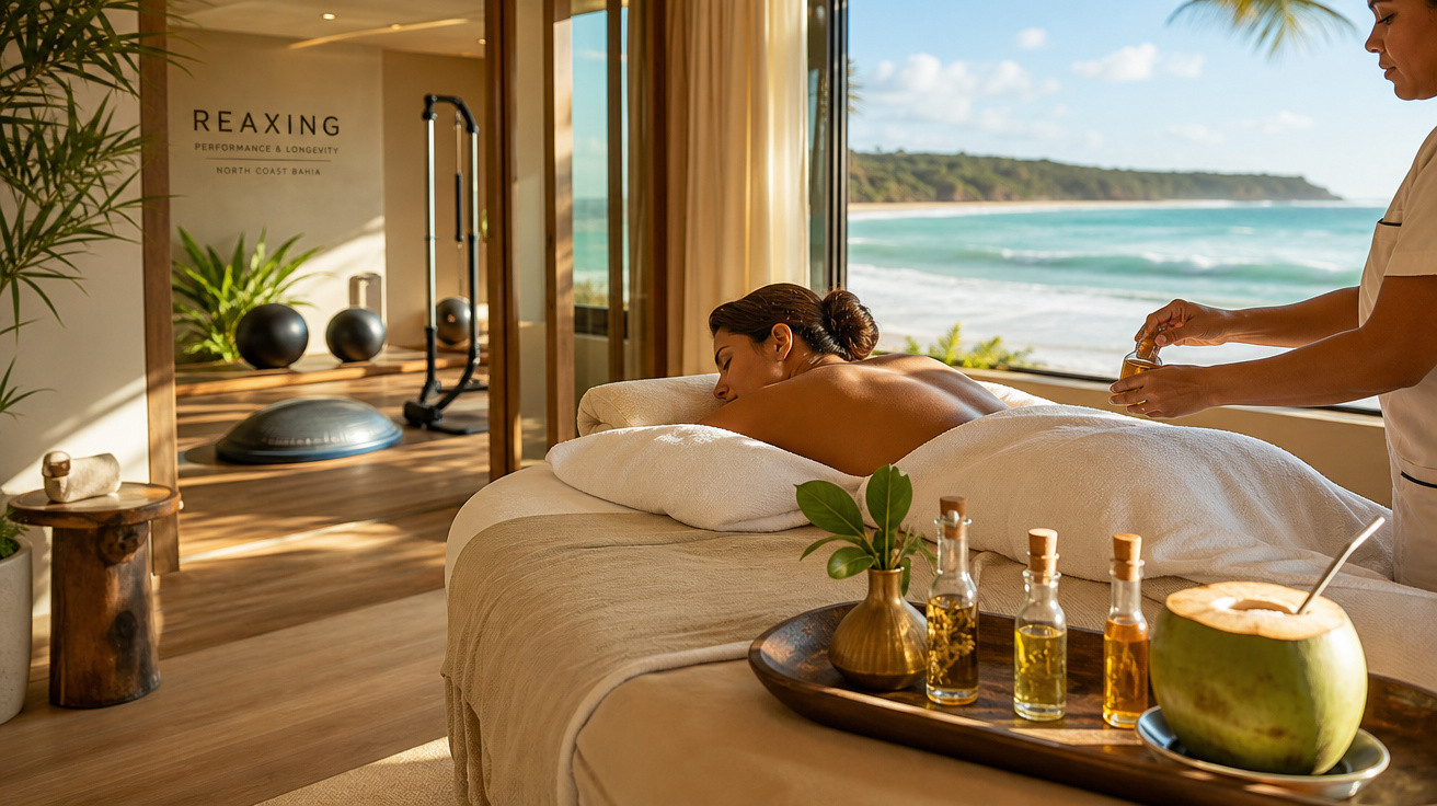 Mulher recebendo massagem em spa com vista para praia, ambiente relaxante e óleos essenciais à frente.