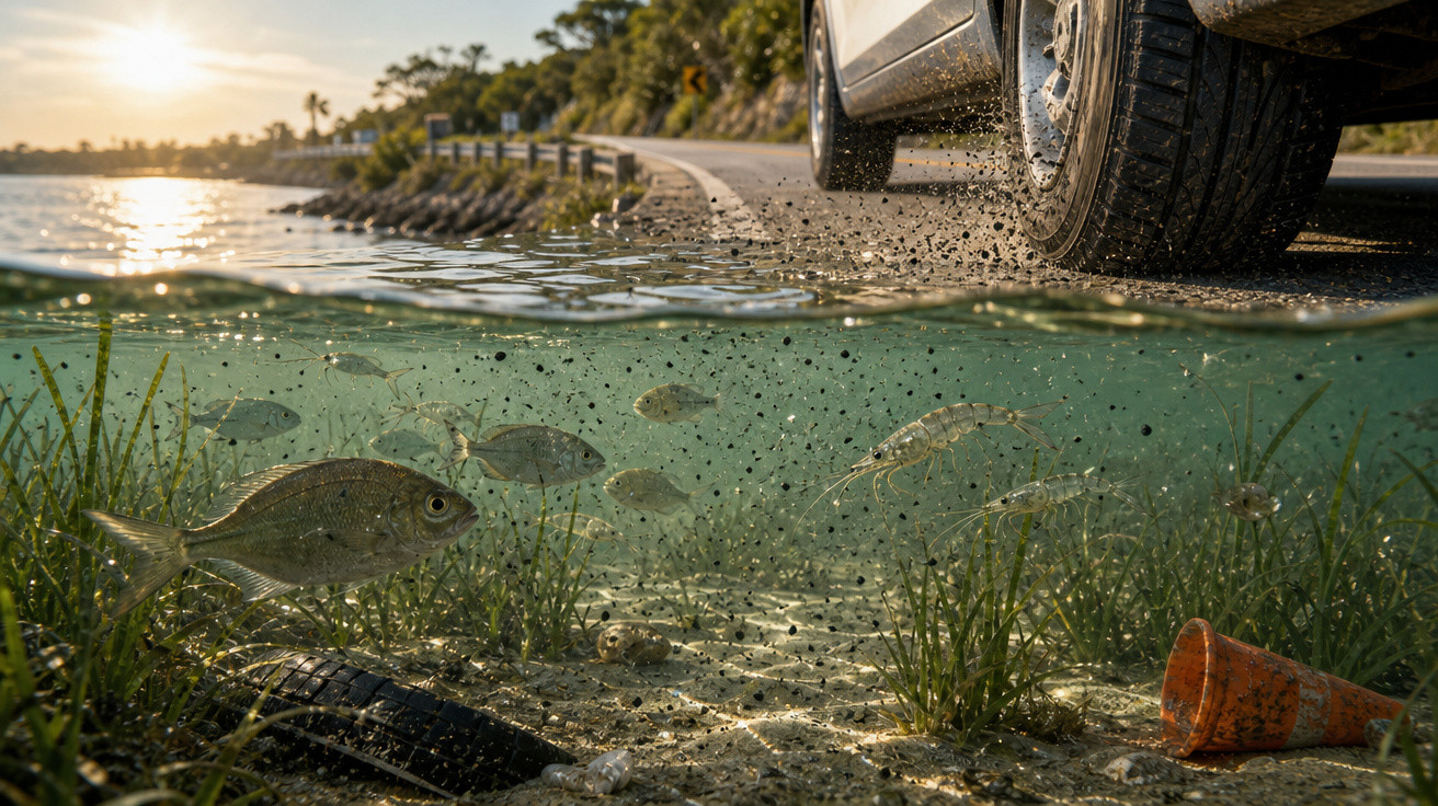 Vista dividida debaixo d'água com peixes, lixo submerso e pneu, enquanto carro passa por estrada molhada.