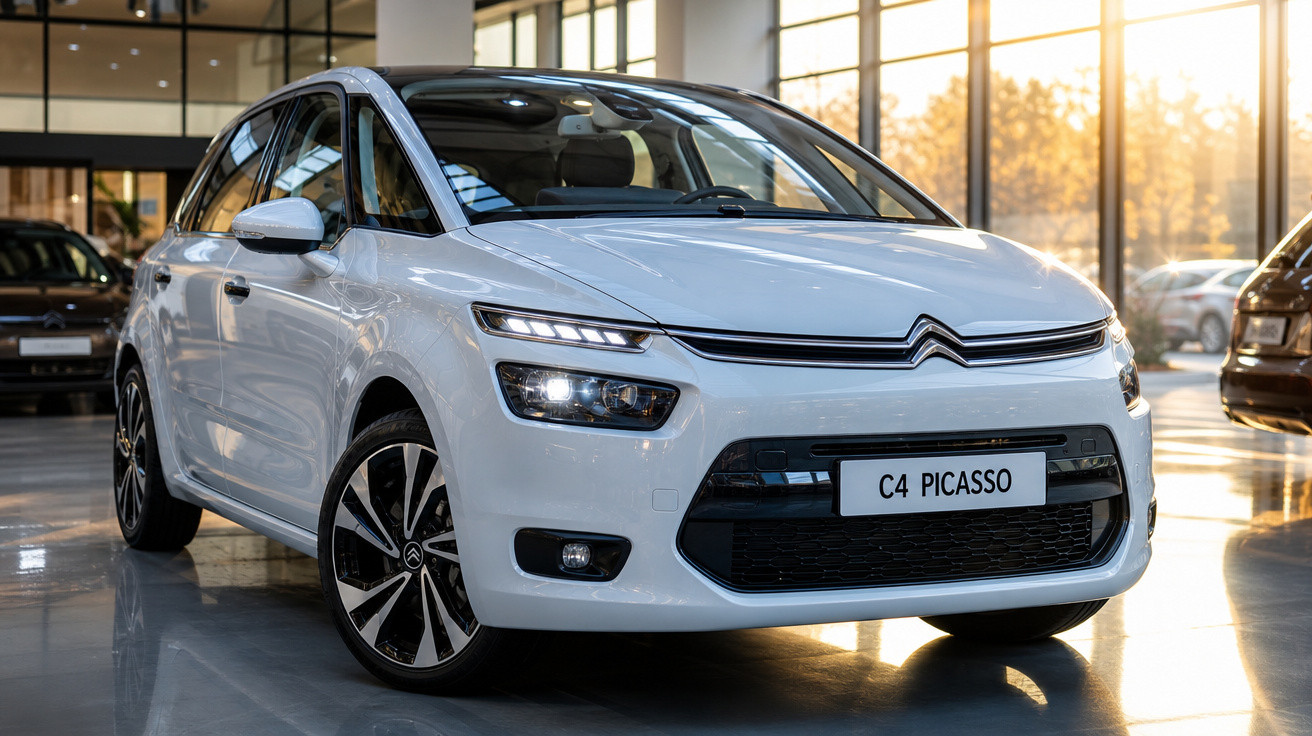 Carro branco Citroën C4 Picasso em exposição dentro de loja com iluminação natural ao fundo.