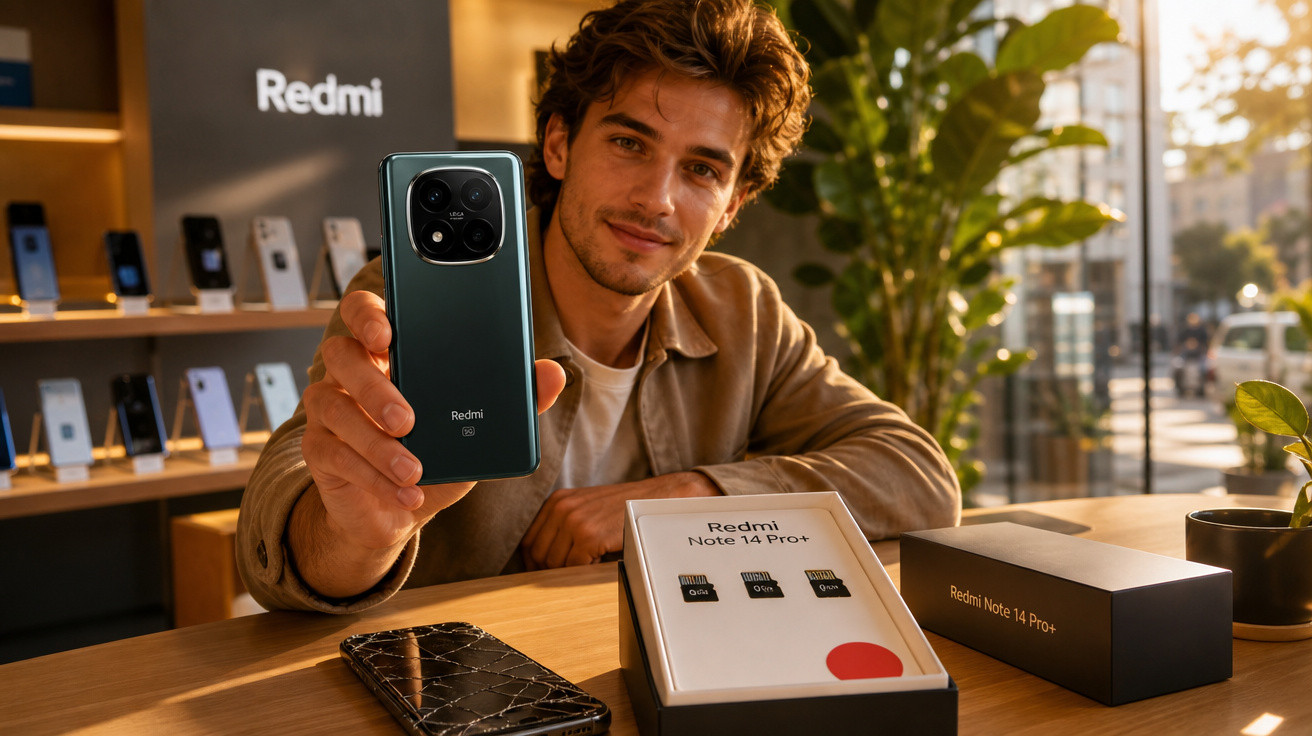 Homem segurando smartphone Redmi Note 14 Pro+ com caixa aberta em mesa dentro de loja iluminada