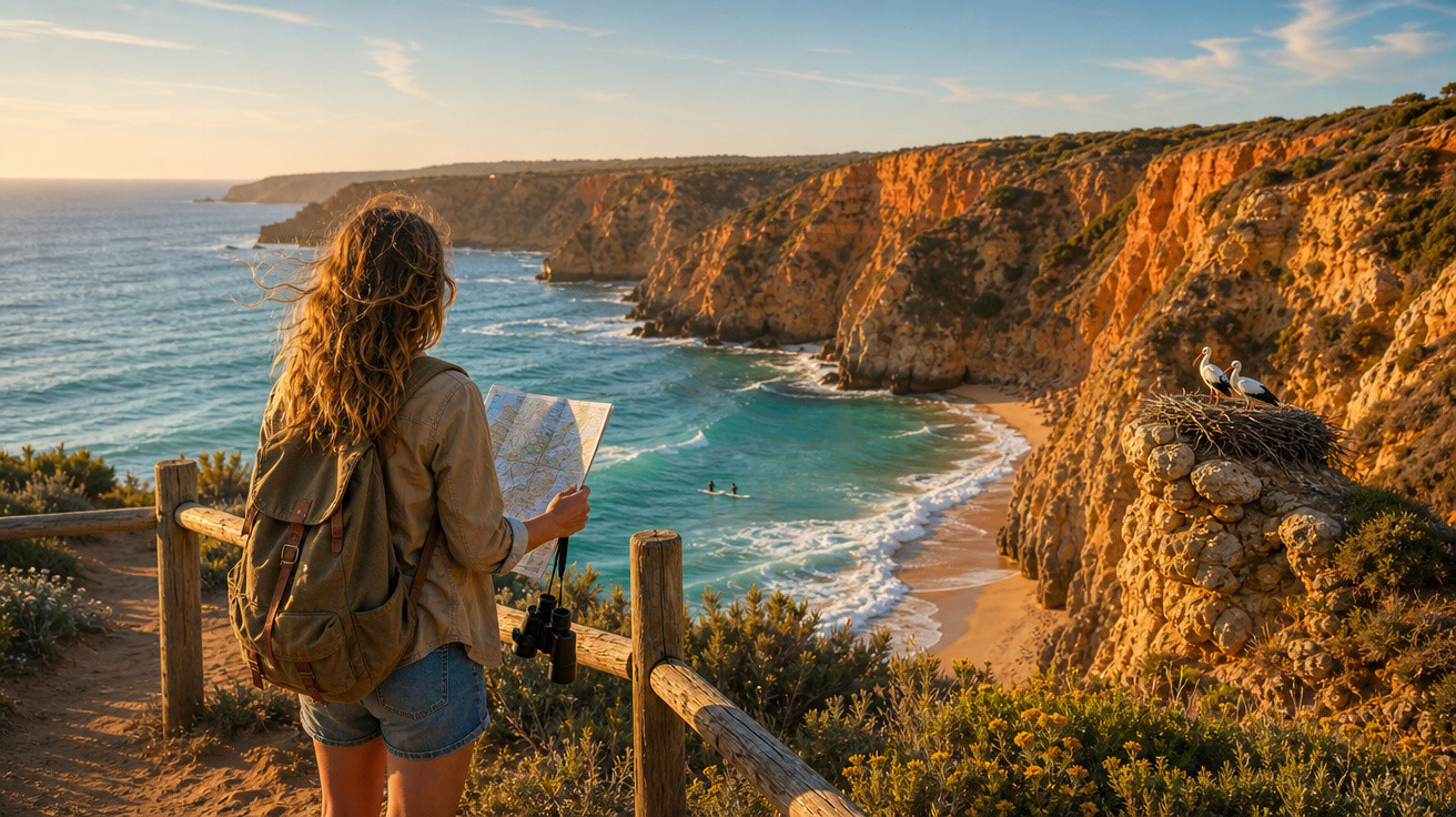 Mulher com mochila olha mapa em penhasco dourado com vista para mar e praia ao pôr do sol.