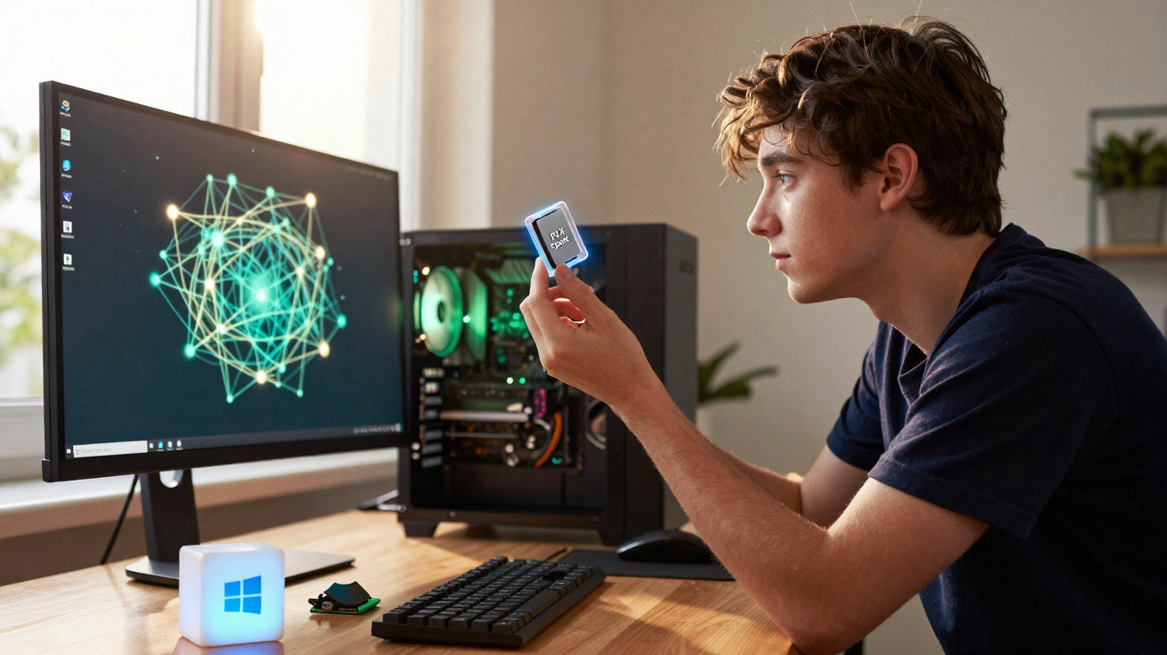 Jovem segurando processador em frente a computador desktop aberto com tela exibindo gráfico de rede digital.