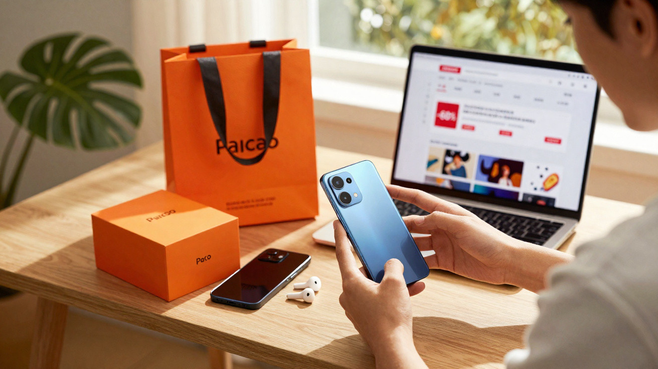 Pessoa segurando smartphone azul com caixa e sacola laranja sobre mesa próxima a notebook aberto.