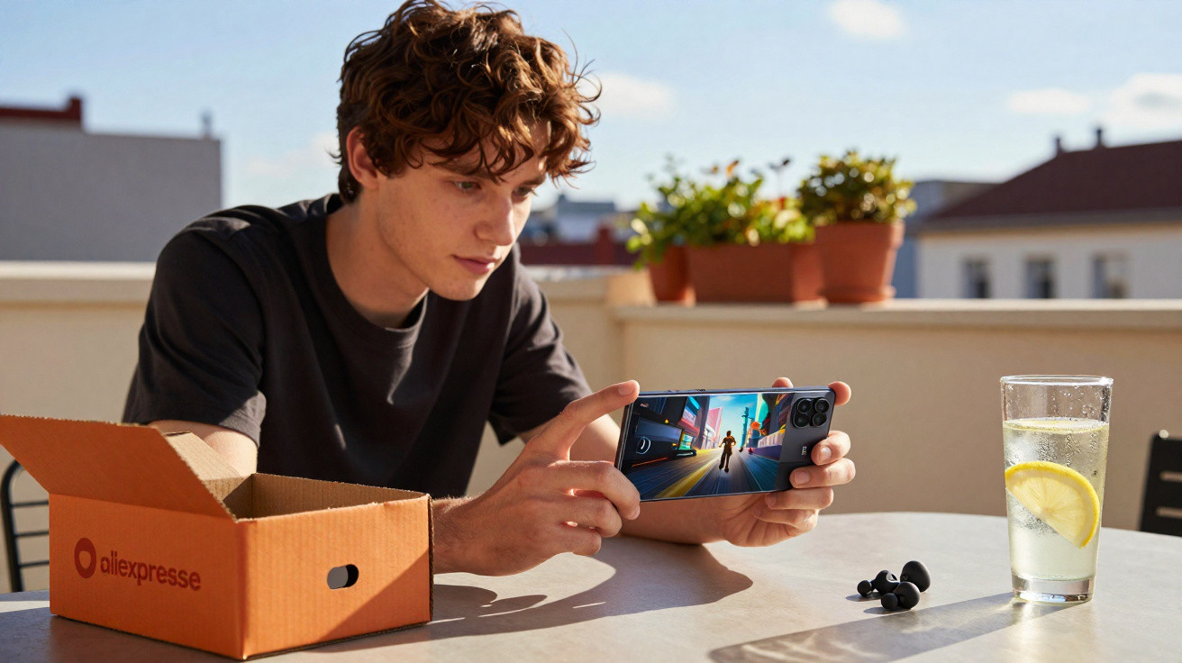 Jovem sentado ao ar livre segurando smartphone jogando com caixa da Aliexpress e copo com limão na mesa.