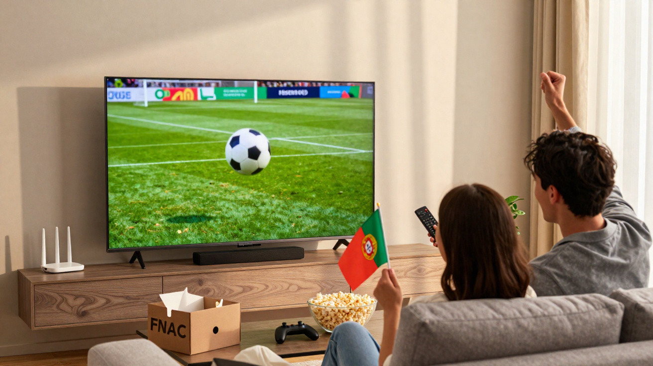 Casal assistindo partida de futebol na TV, com bandeira de Portugal e pipoca na sala.
