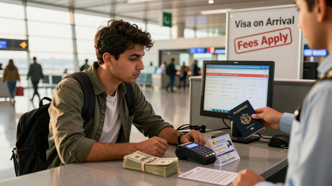 Homem com mochila pagando taxa de visto na chegada em aeroporto com passaporte e dinheiro na mesa.