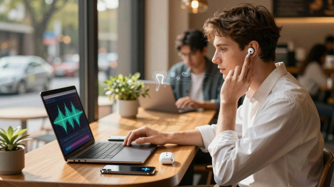Jovem usando fone de ouvido sem fio, mexendo em laptop com gráficos de áudio em cafeteria.
