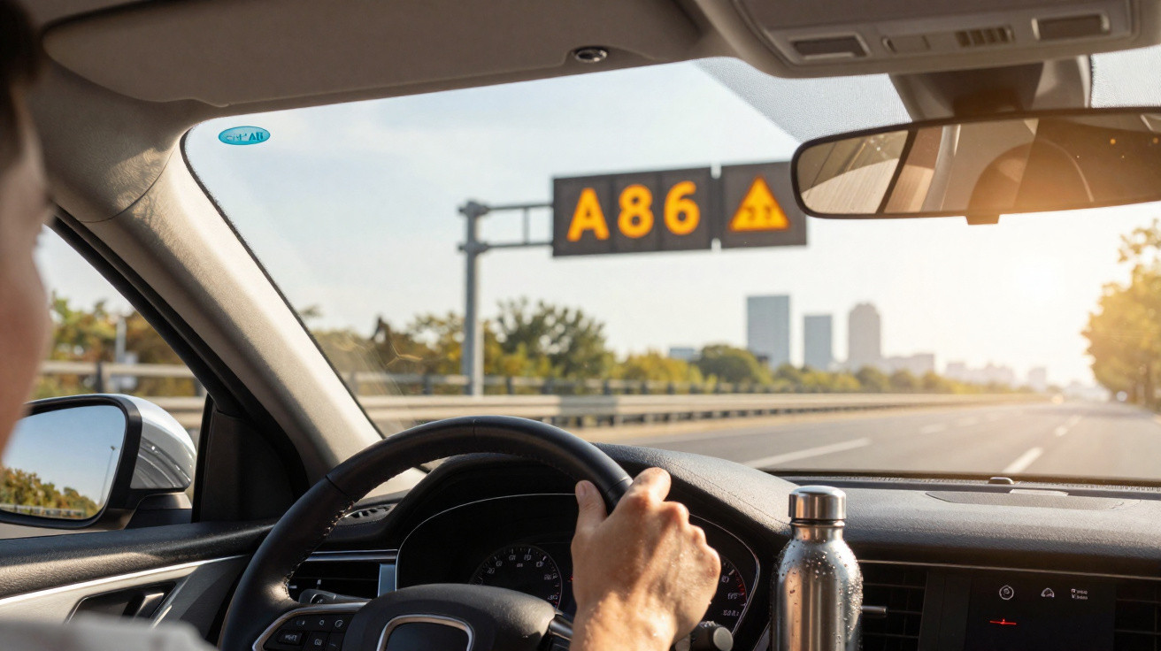 Pessoa dirigindo carro com vista para placa eletrônica da estrada A86 ao entardecer.