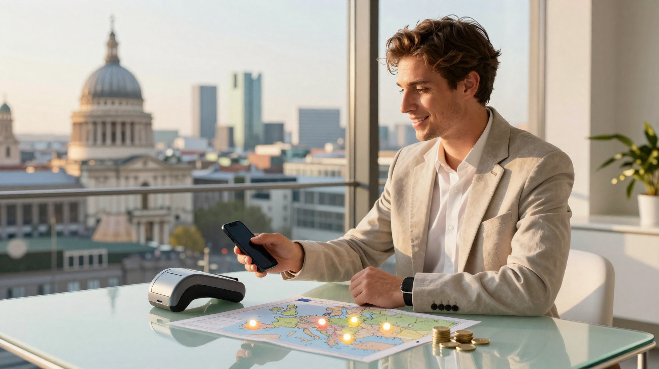 Homem sorridente usa celular perto de mapa com moedas e terminal de pagamento em escritório com vista urbana.