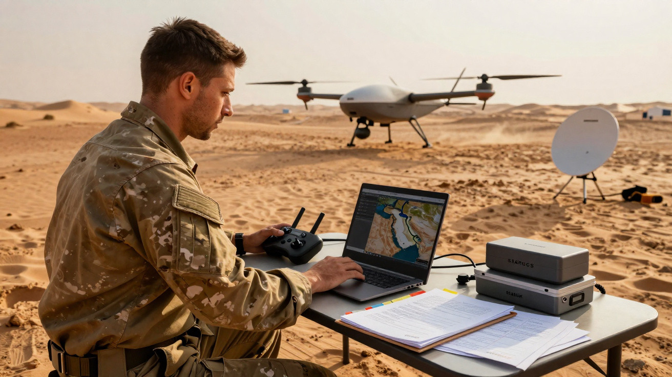 Militar operando drone com controle remoto e laptop em mesa no deserto, com equipamentos e documentos.