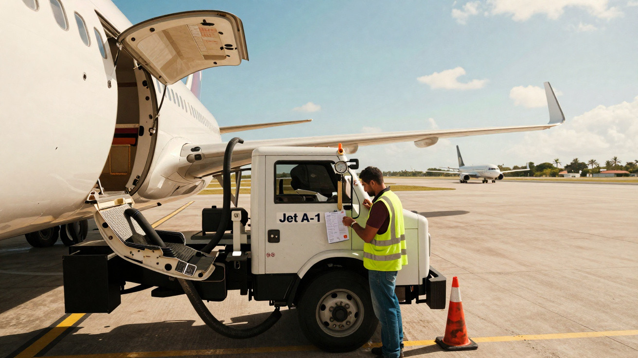 Funcionário com colete refletivo abastece avião no aeroporto em dia ensolarado.