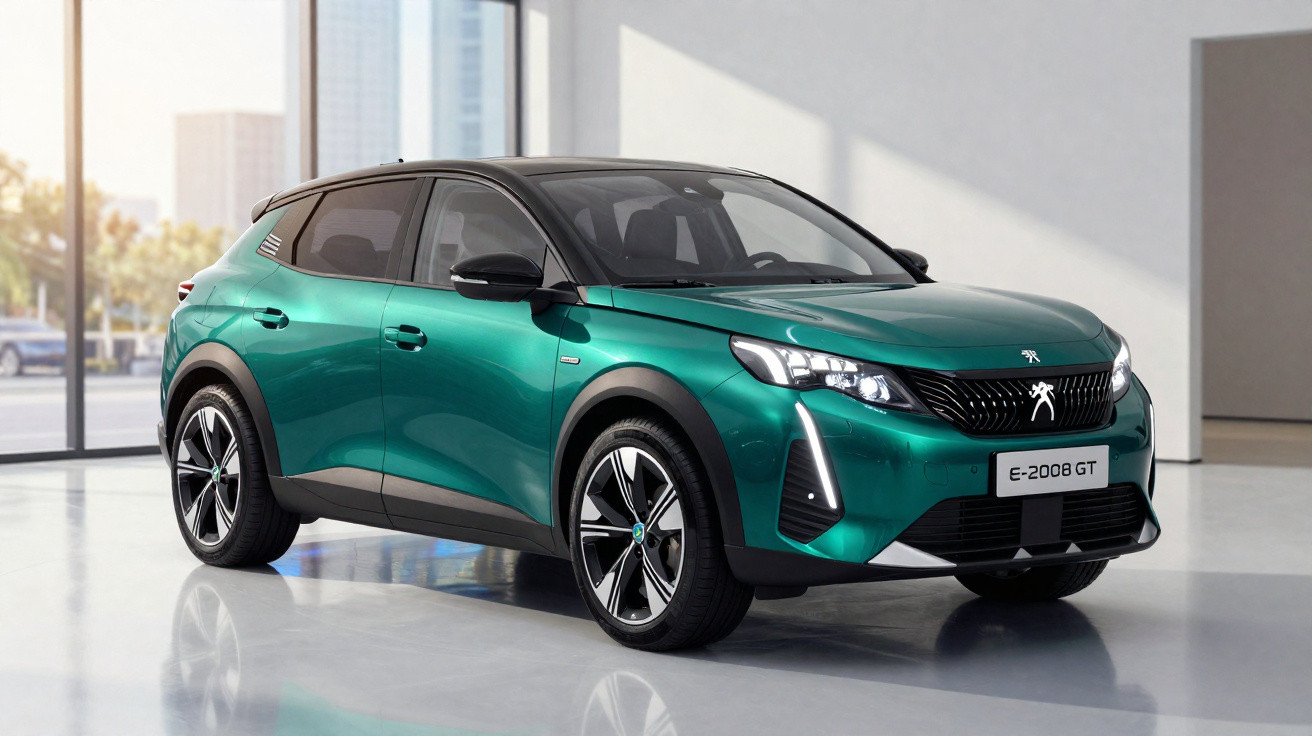 Carro Peugeot E-2008 GT verde escuro em showroom com janelas amplas ao fundo.