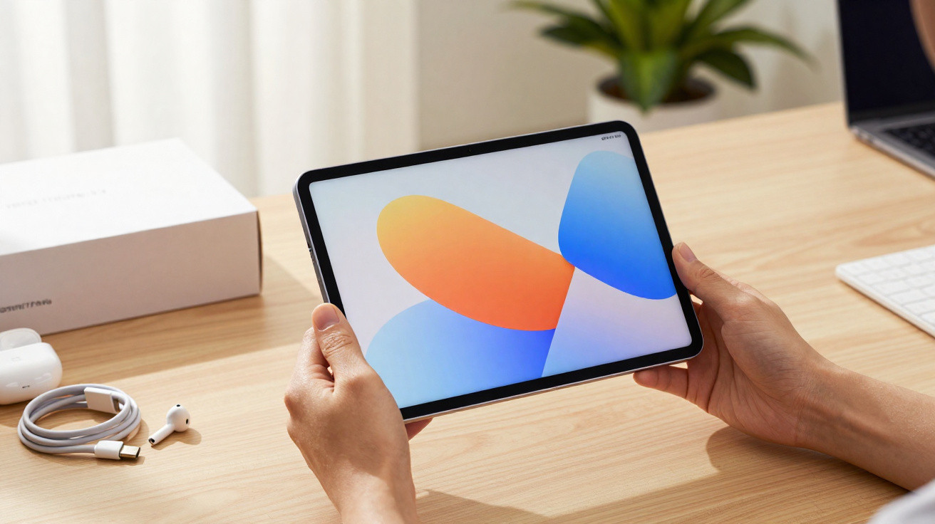 Pessoa segurando tablet com tela colorida em mesa com acessórios eletrônicos e caixa branca ao fundo.