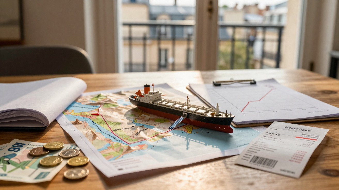 Barco em miniatura sobre mapa com documentos, gráficos e dinheiro em mesa de madeira em ambiente iluminado.