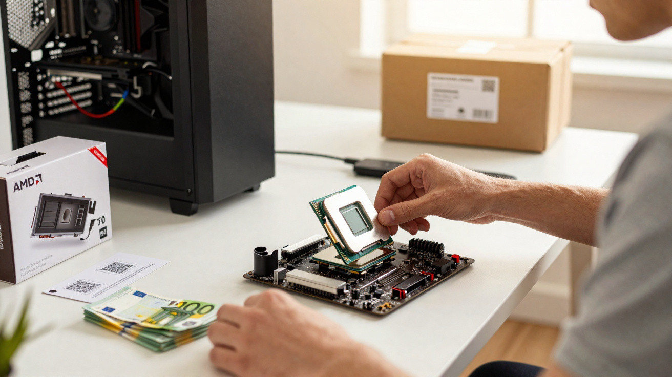 Pessoa instalando processador em placa-mãe sobre mesa com caixa de processador AMD e dinheiro.