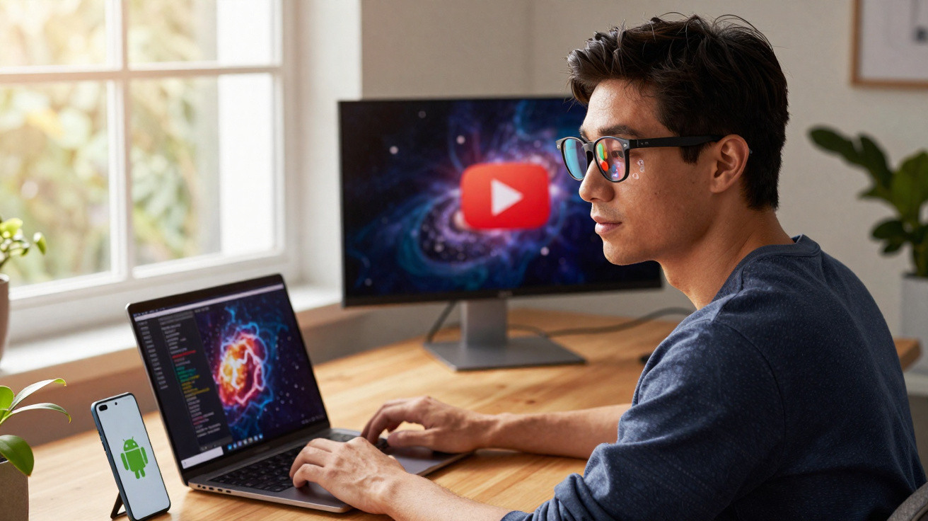 Homem usando óculos sentado em mesa com notebook, celular e monitor, próximo a janela iluminada.