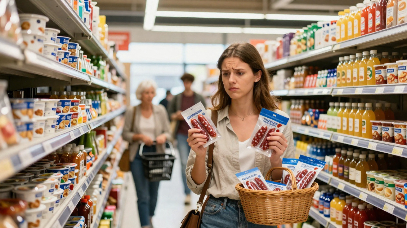 Mulher em corredor de supermercado olhando confusa para dois pacotes de linguiça que segura, com cesta na mão.