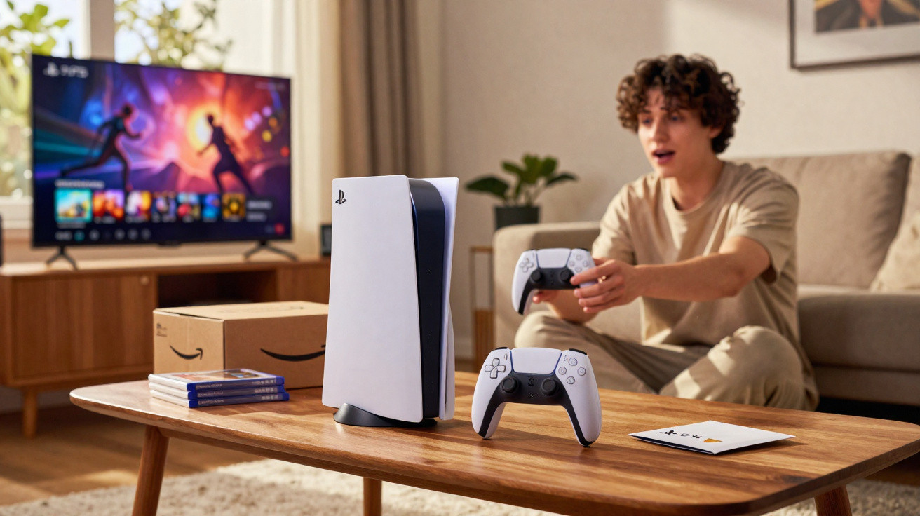 Jovem jogando videogame em sala com console PlayStation 5, controles e TV ligada em jogo.