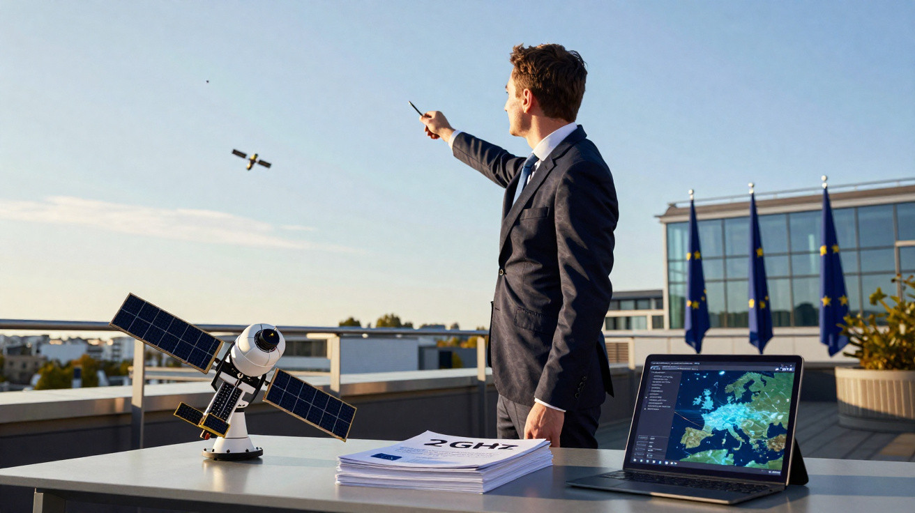 Homem de terno apontando para drone, com modelo de satélite e mapa da Europa em laptop na mesa externa.