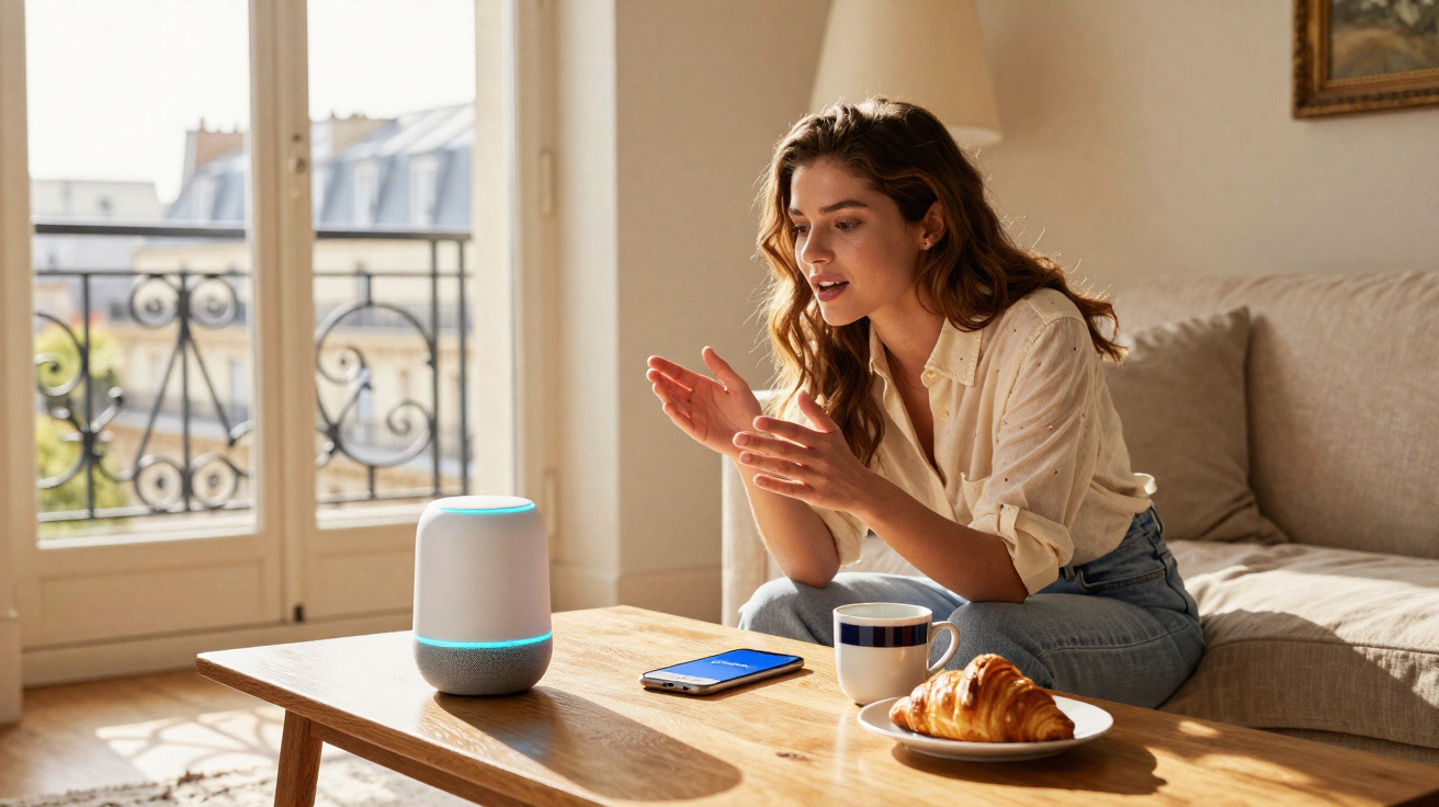 Mulher sentada no sofá interagindo com assistente inteligente em uma sala iluminada com café e croissant na mesa.