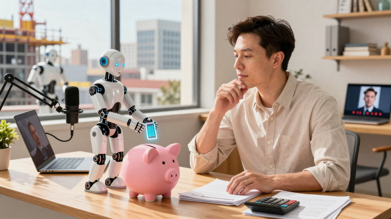 Homem sentado à mesa observa robô segurando tabela ao lado de cofrinho rosa em escritório moderno.