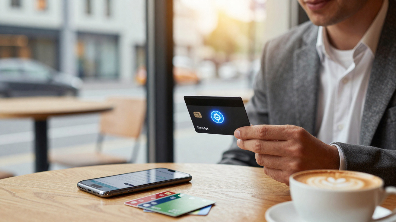 Homem segurando cartão de crédito digital em café, com celular e xícara de cappuccino na mesa.