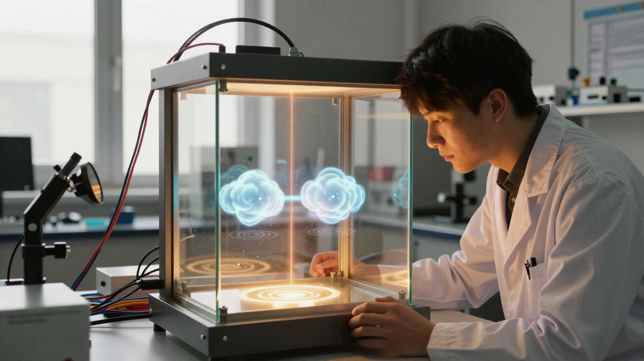 Cientista observa holograma 3D de moléculas em equipamento tecnológico dentro de laboratório moderno.