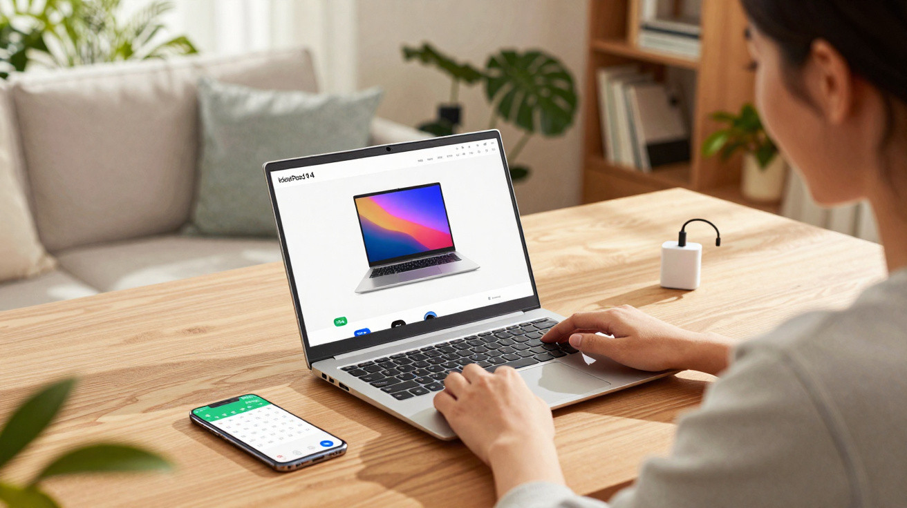 Pessoa usando laptop em mesa de madeira, com smartphone ao lado e ambiente de sala ao fundo.