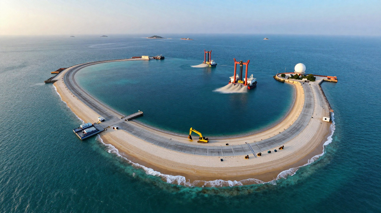 Ilha artificial em forma de ferradura com equipamentos de construção cercada pelo mar azul.