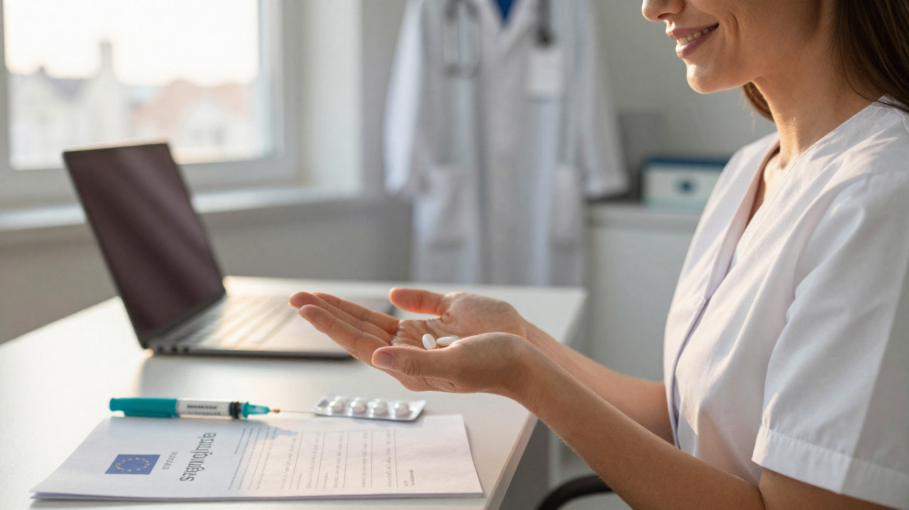 Médica segurando comprimidos nas mãos com prescrição médica e laptop em mesa de consultório.