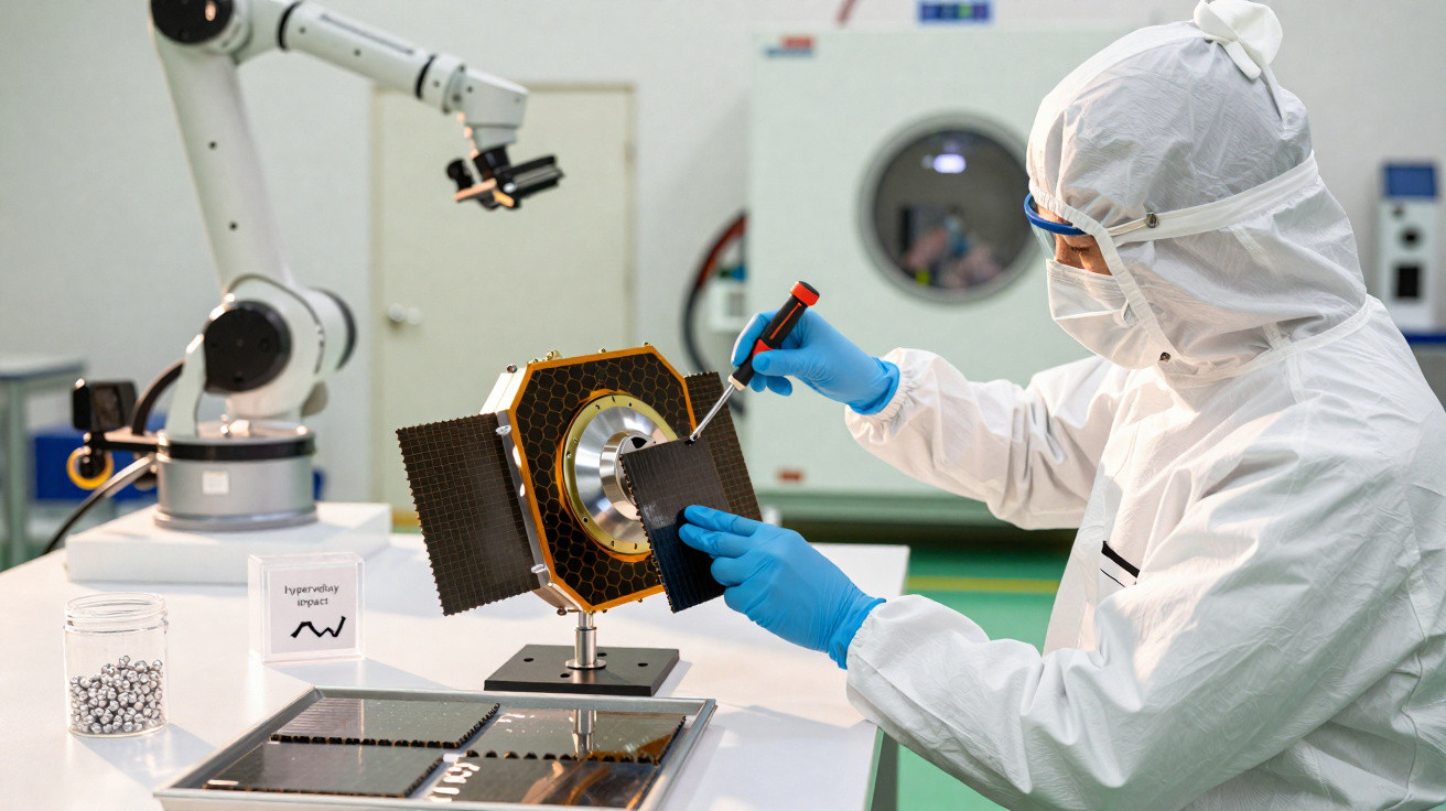 Técnico em traje de proteção trabalha com painel solar em laboratório de tecnologia avançada.