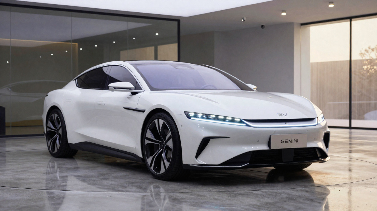 Carro elétrico branco modelo Gemini estacionado em garagem moderna com piso de concreto polido.
