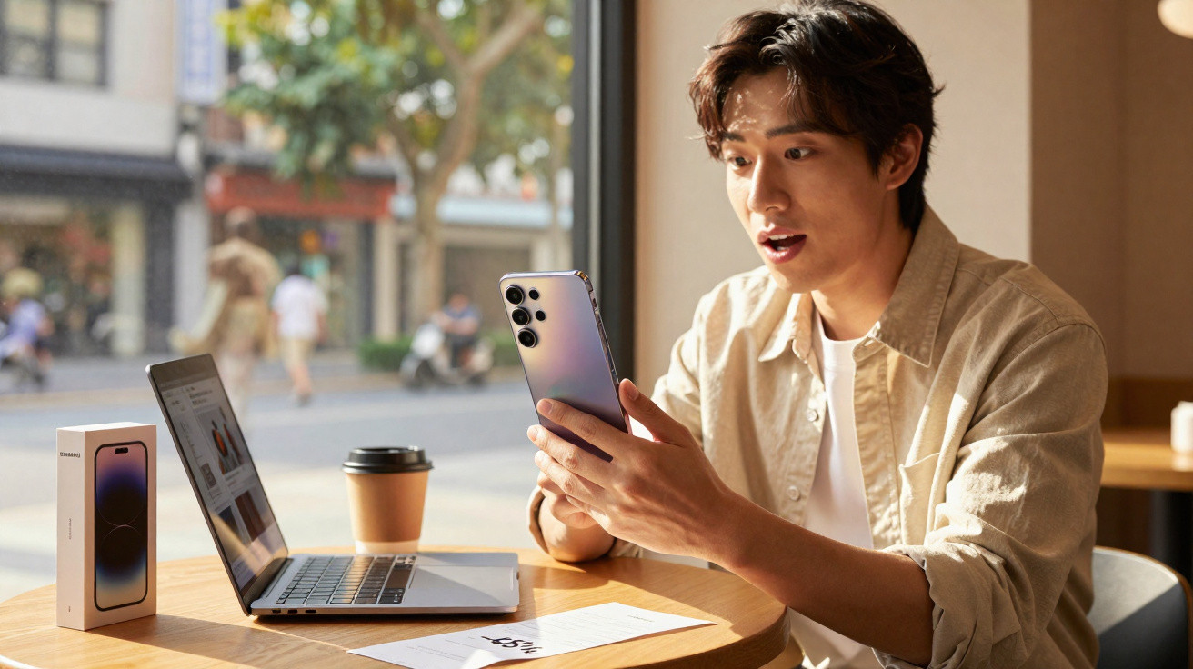 Jovem surpreso segurando smartphone sentado em mesa com laptop, copo de café e caixa do celular.