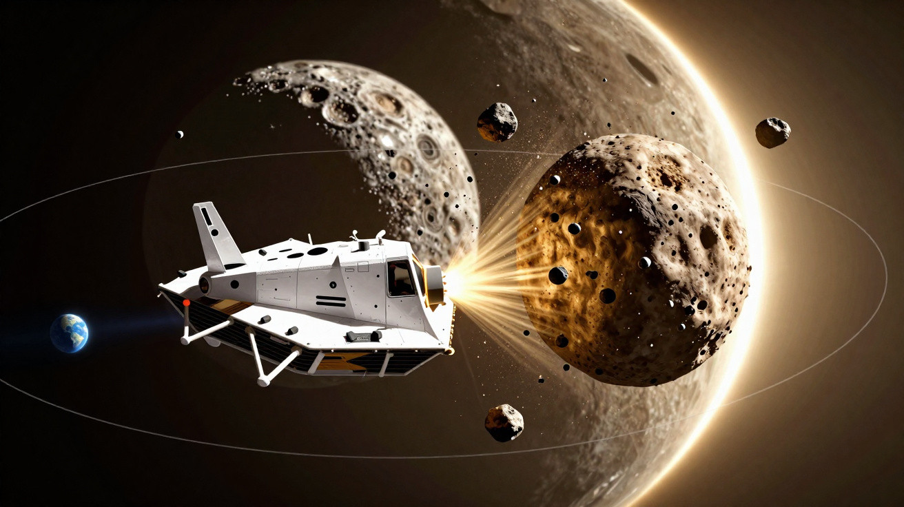 Nave espacial iluminando um asteroide com diversos detritos espaciais e a Terra ao fundo.