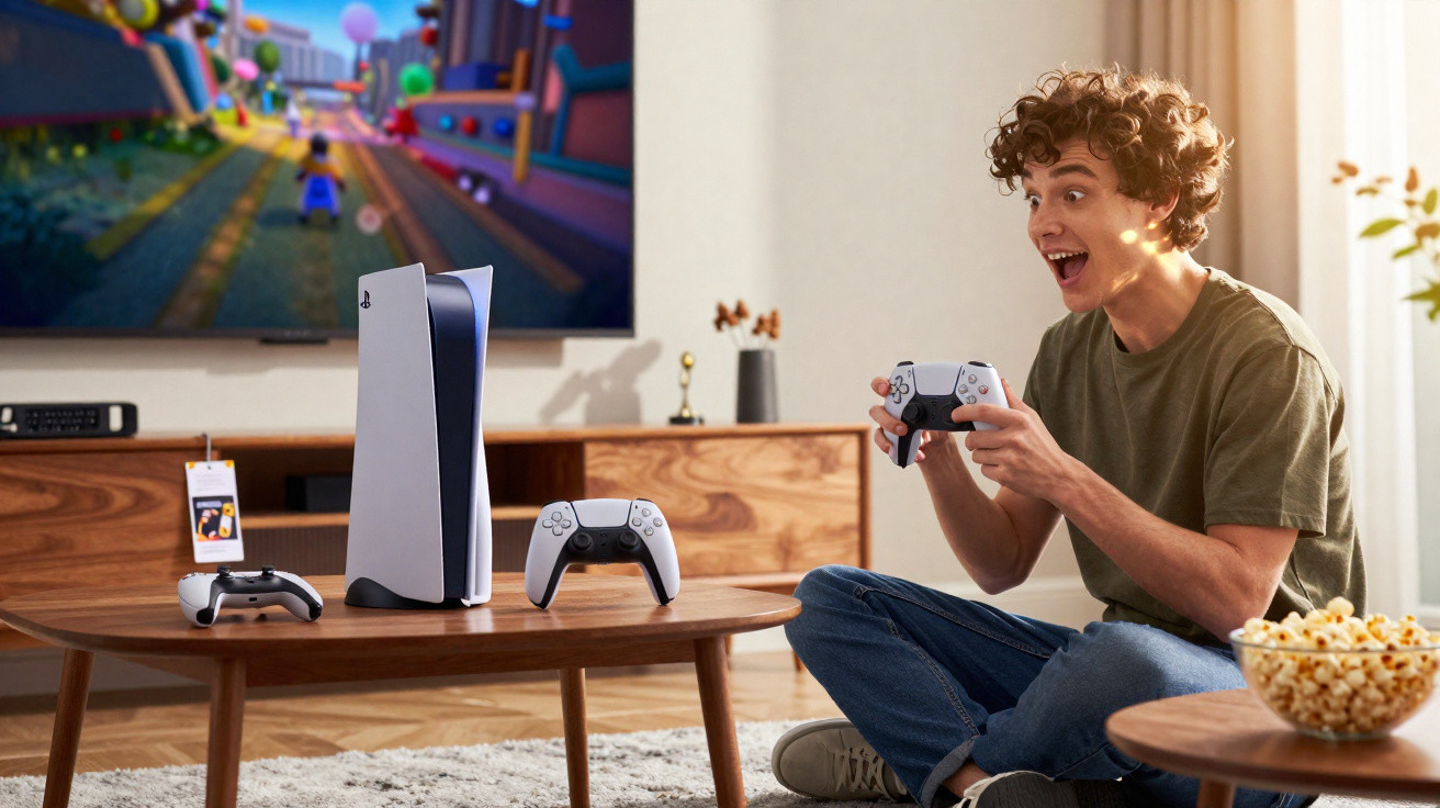 Jovem animado jogando videogame com controle PlayStation, console PS5 na mesa e televisão ao fundo.