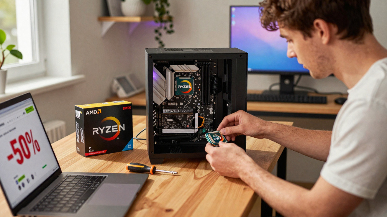 Homem instalando processador AMD Ryzen em gabinete de computador sobre mesa com laptop e monitor ao fundo.