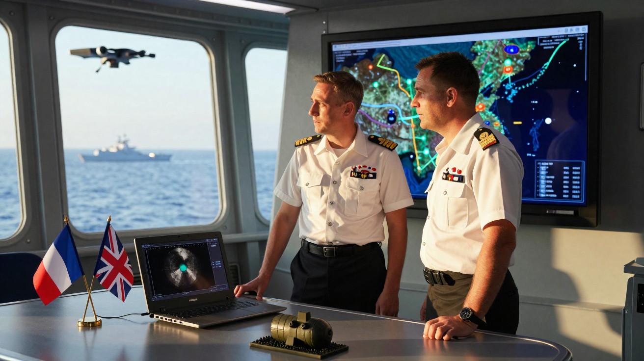 Dois oficiais da marinha em uniforme observam mapas digitais em tela dentro de um navio, com bandeiras da França e Reino Unid