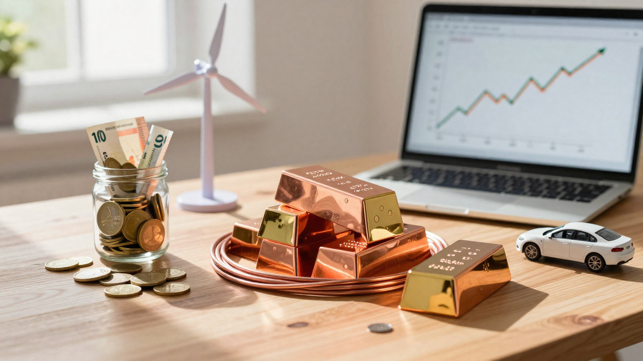 Barrinhas de ouro, moedas, notas, miniatura de moinho e gráfico de crescimento no laptop.