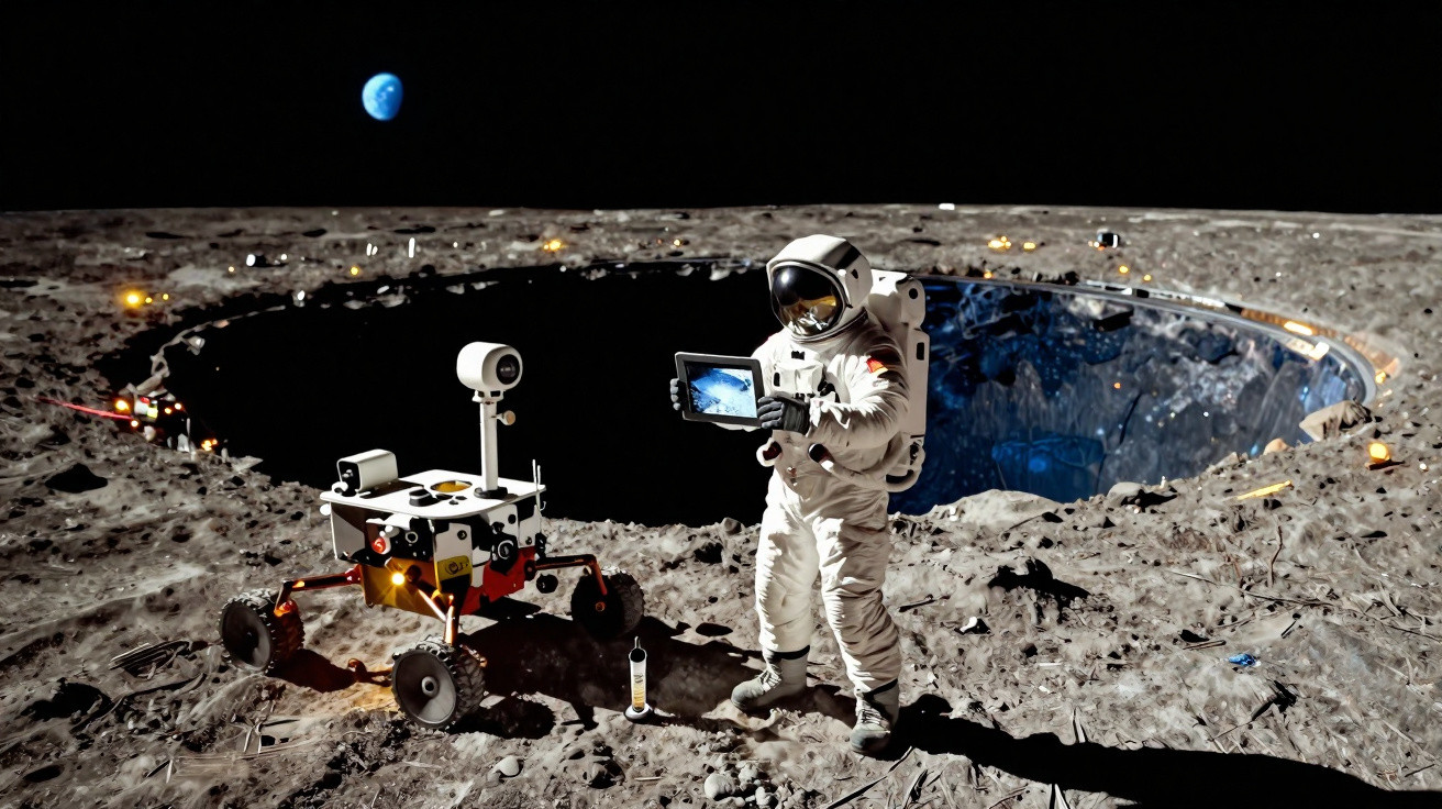 Astronauta com tablet ao lado de rover na superfície lunar perto de grande cratera refletiva, Terra ao fundo.