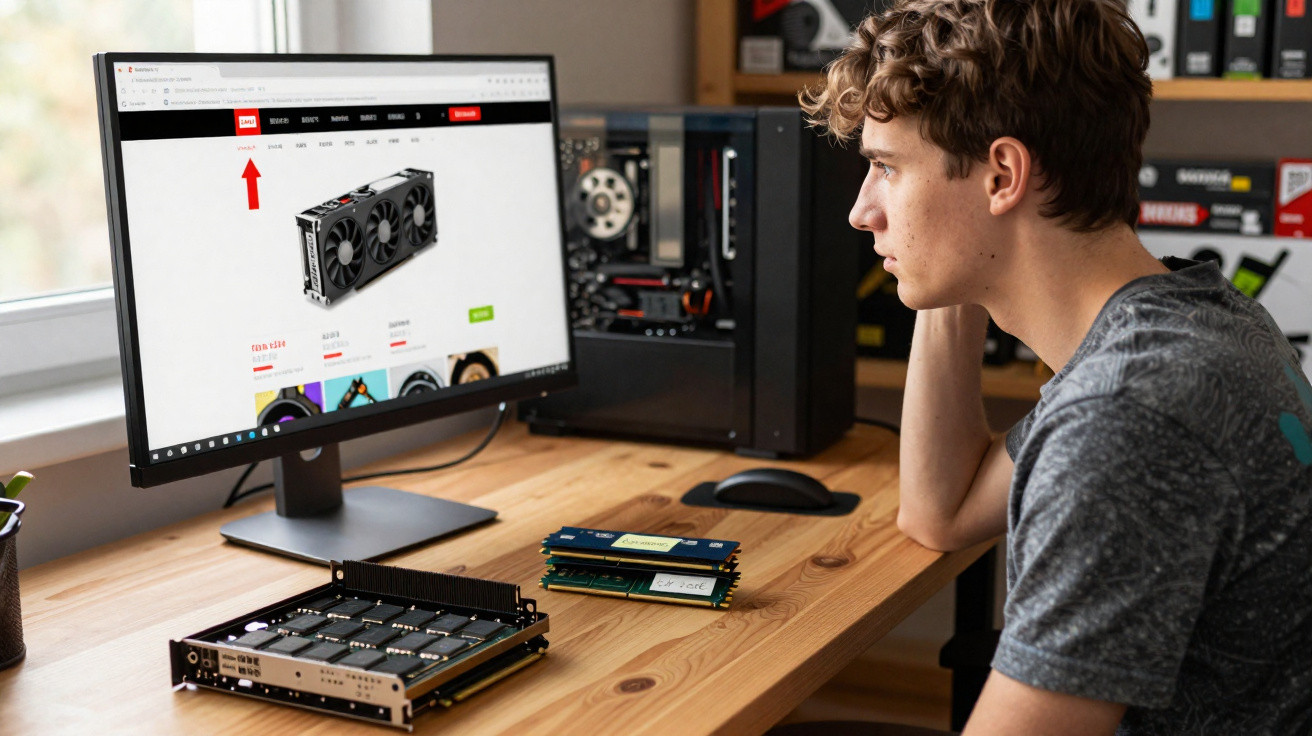 Jovem olhando monitor com página de placa de vídeo aberta, com componentes de computador sobre a mesa de madeira.
