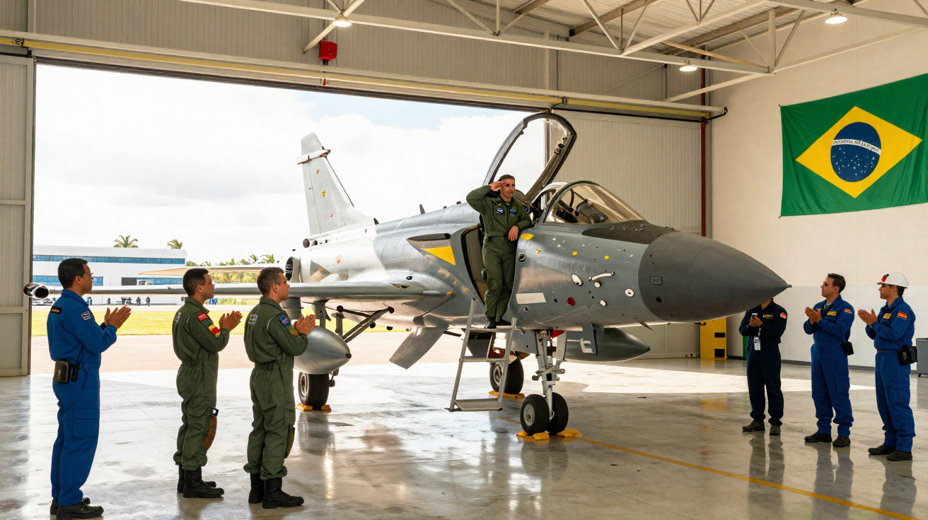 Piloto militar em fumaça verde cumprimenta equipe ao sair de caça em hangar com bandeira do Brasil.