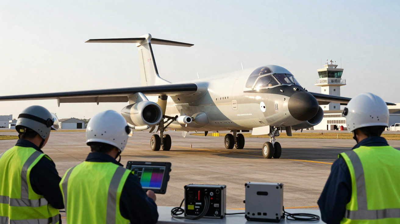 Equipe de solo com coletes e capacetes operando equipamentos enquanto avião militar taxiando no aeroporto.