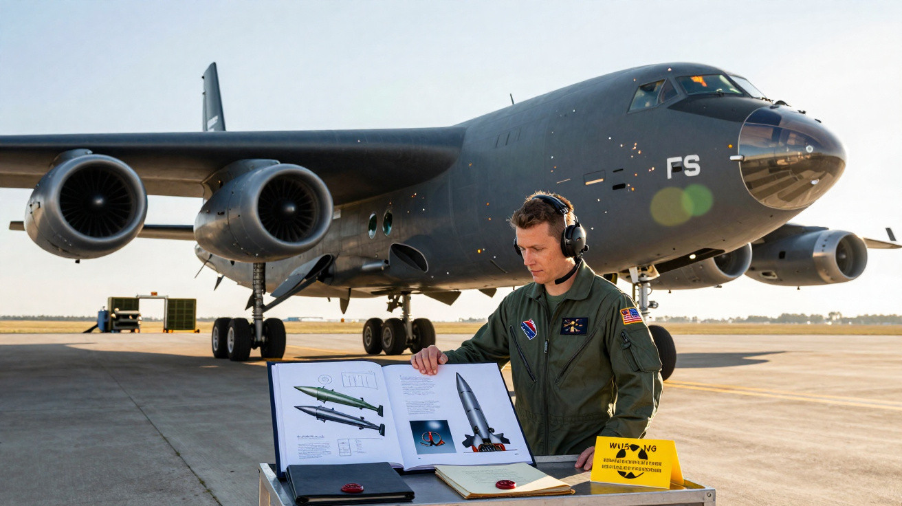 Homem militar com fone de ouvido observa manual técnico diante de avião militar preto em pista de pouso.